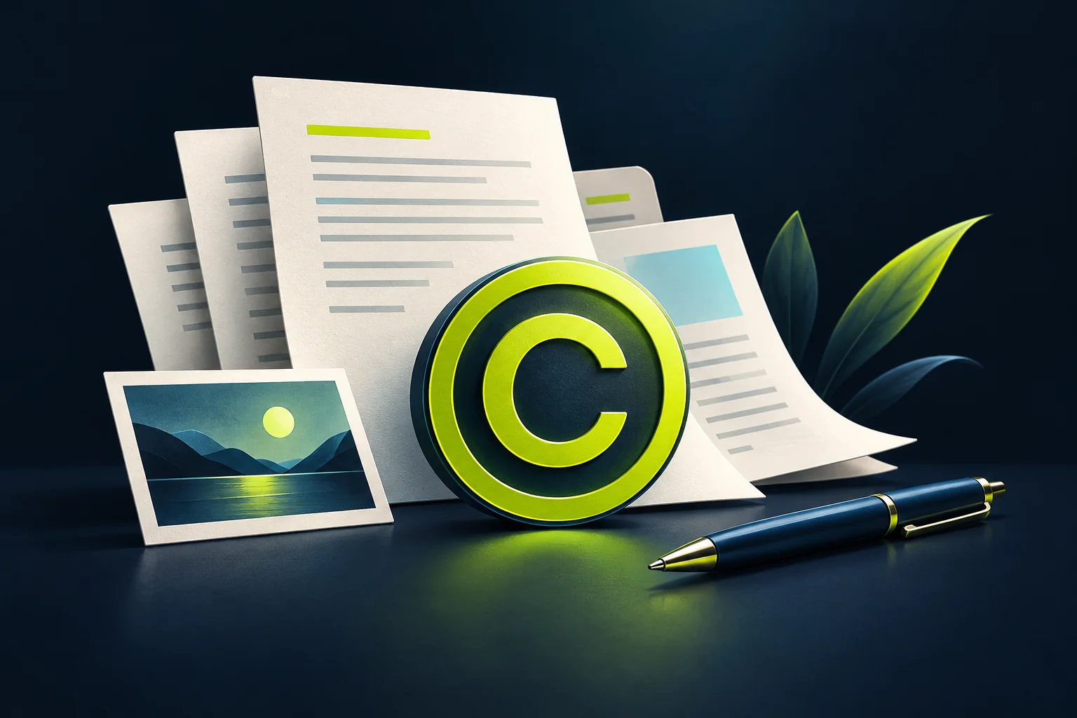 Copyright symbol beside articles, an image and a pen, representing original website content.