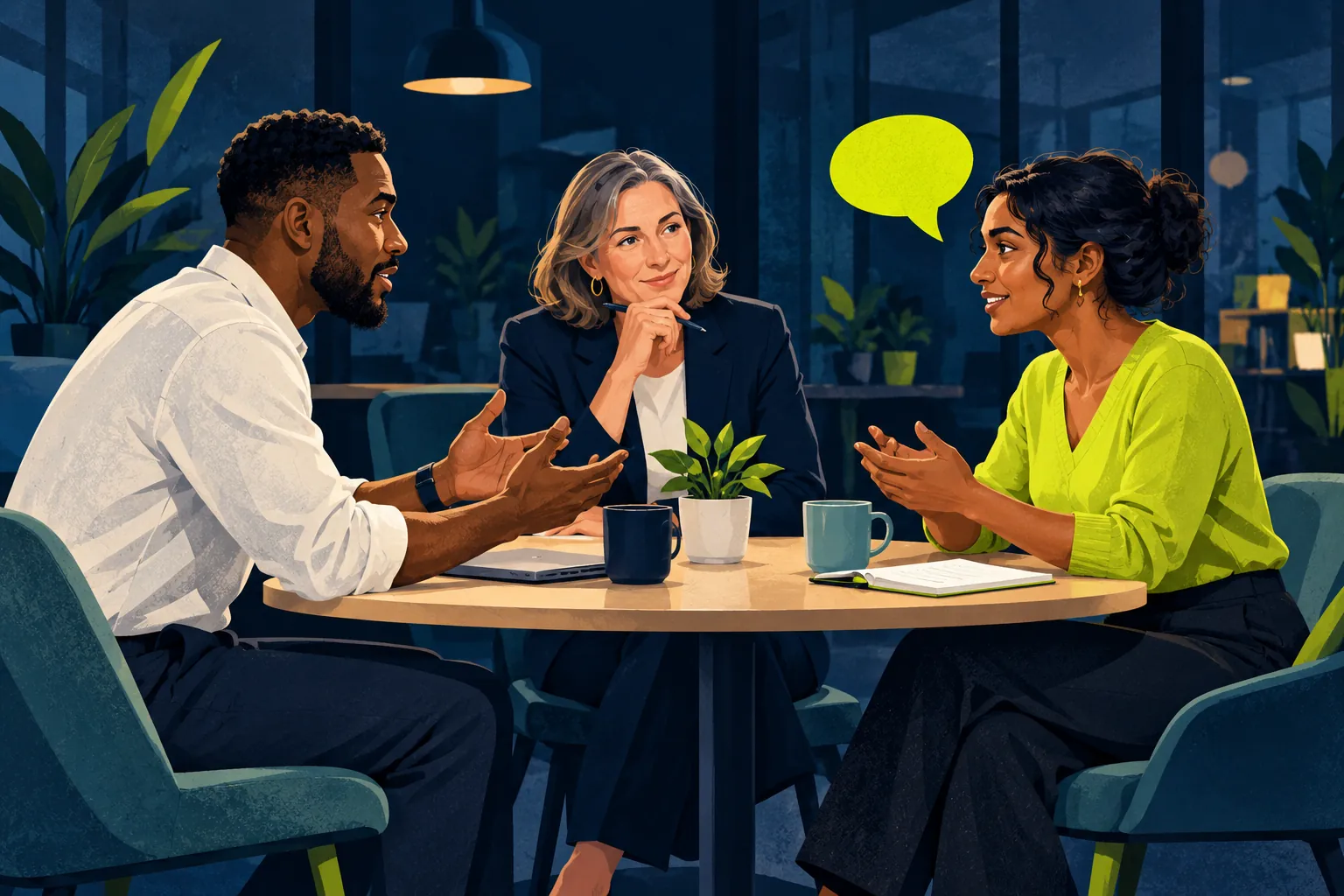 Illustration of managers working through a workplace conversation with a facilitator.