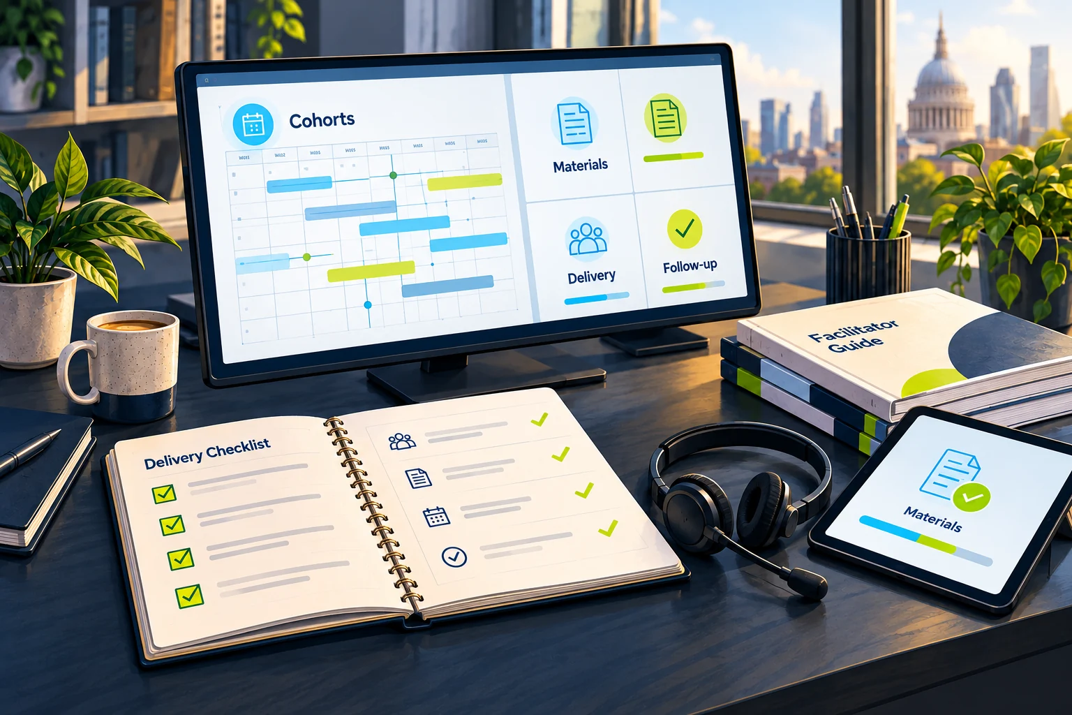 Illustration of a learning programme schedule, delivery checklist and facilitator materials at a digital workstation.