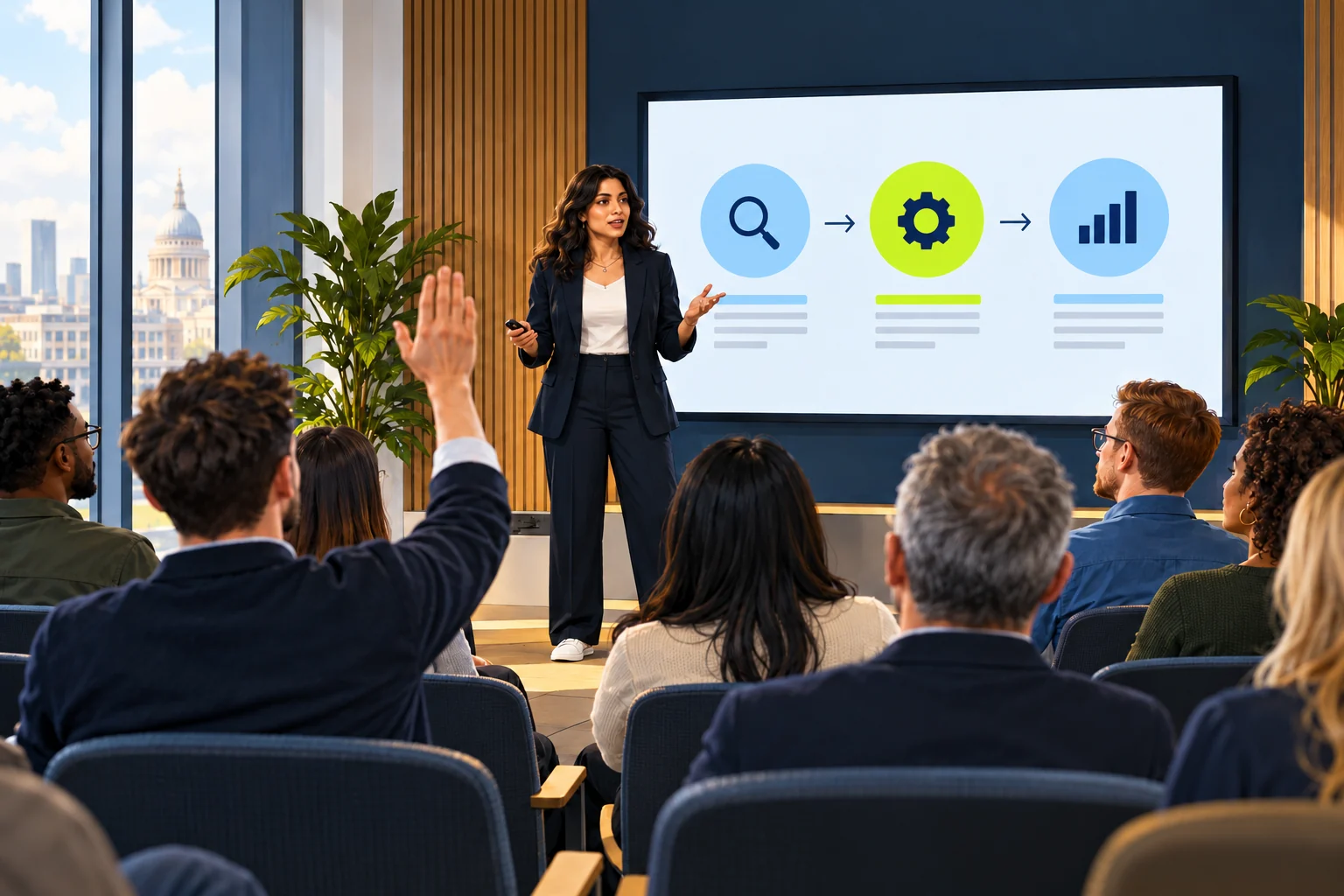 Illustration of a presenter answering a question from an in-person audience.