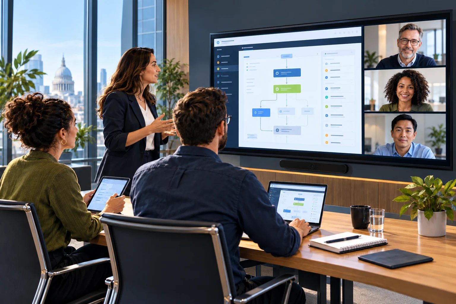 Illustration of a sales executive, solutions engineer and project manager meeting remote customers by video.