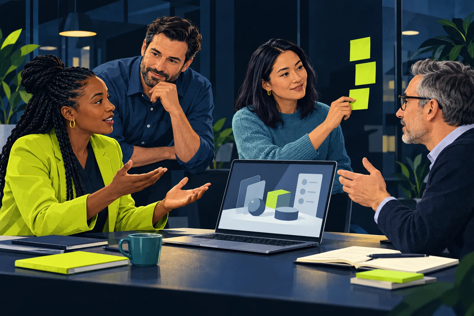 Illustration of a SaaS sales team practising a buyer conversation with a facilitator.