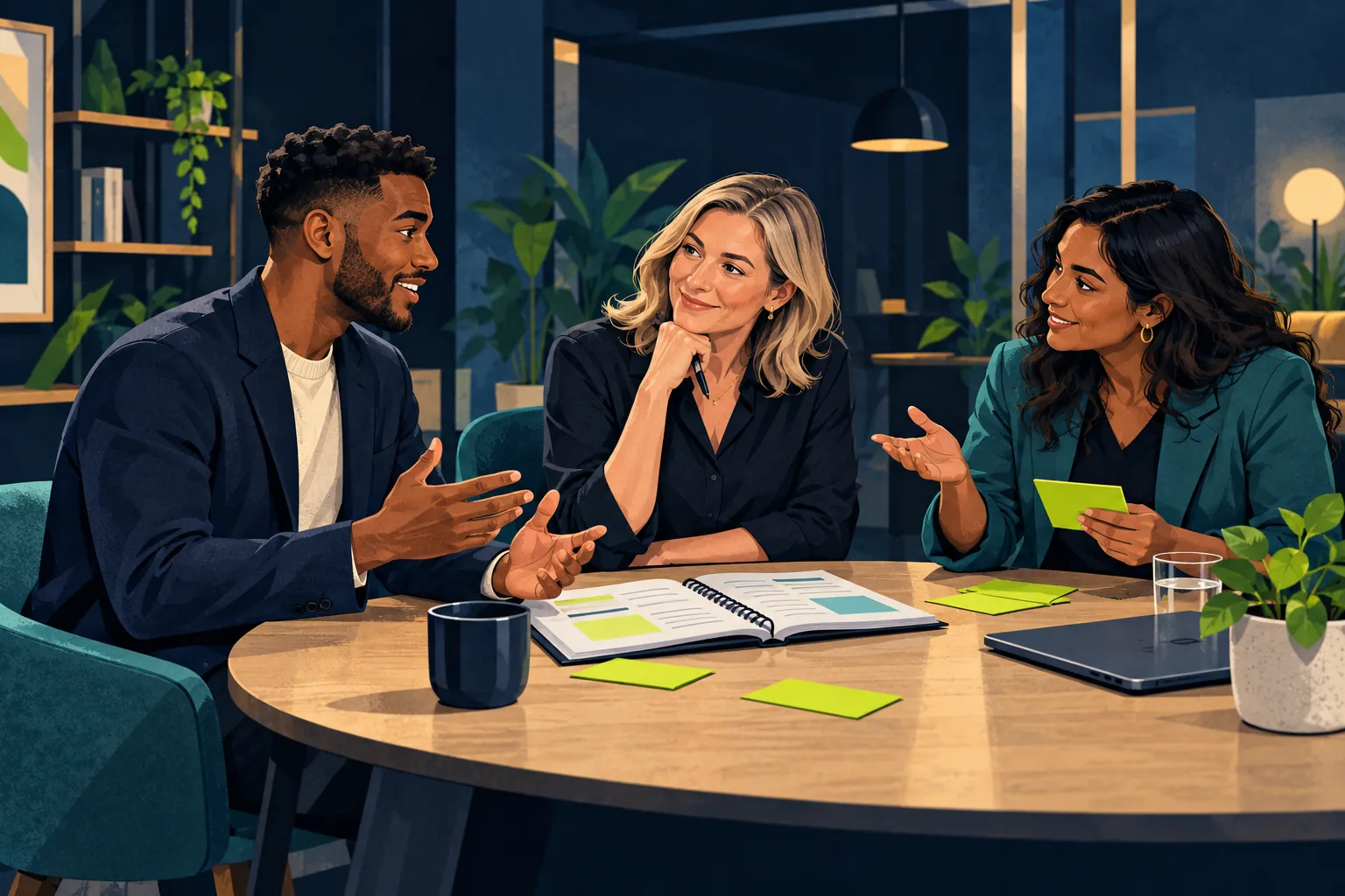Illustration of a new seller practising a customer conversation with a coach.