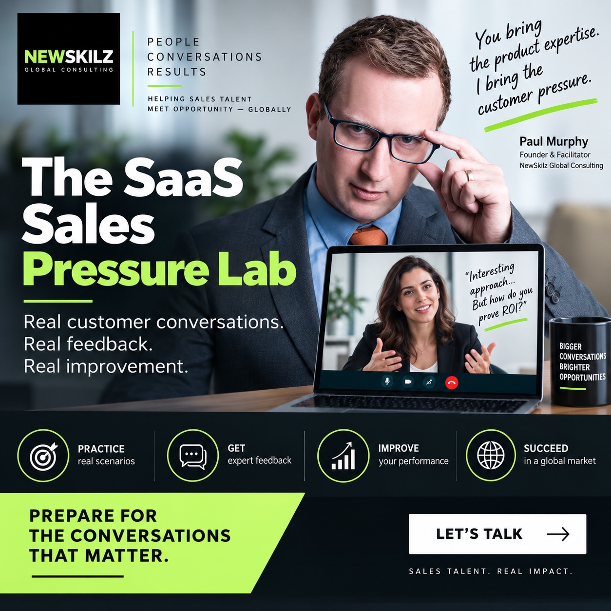 NewSkilz SaaS Sales Pressure Lab promotional image featuring Paul Murphy and a customer simulation