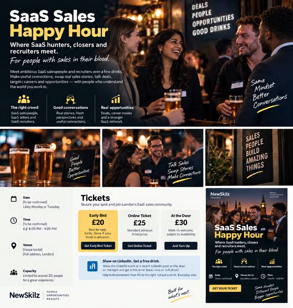 SaaS Sales Happy Hour promotional artwork showing illustrated pub conversations, connections and provisional ticket options
